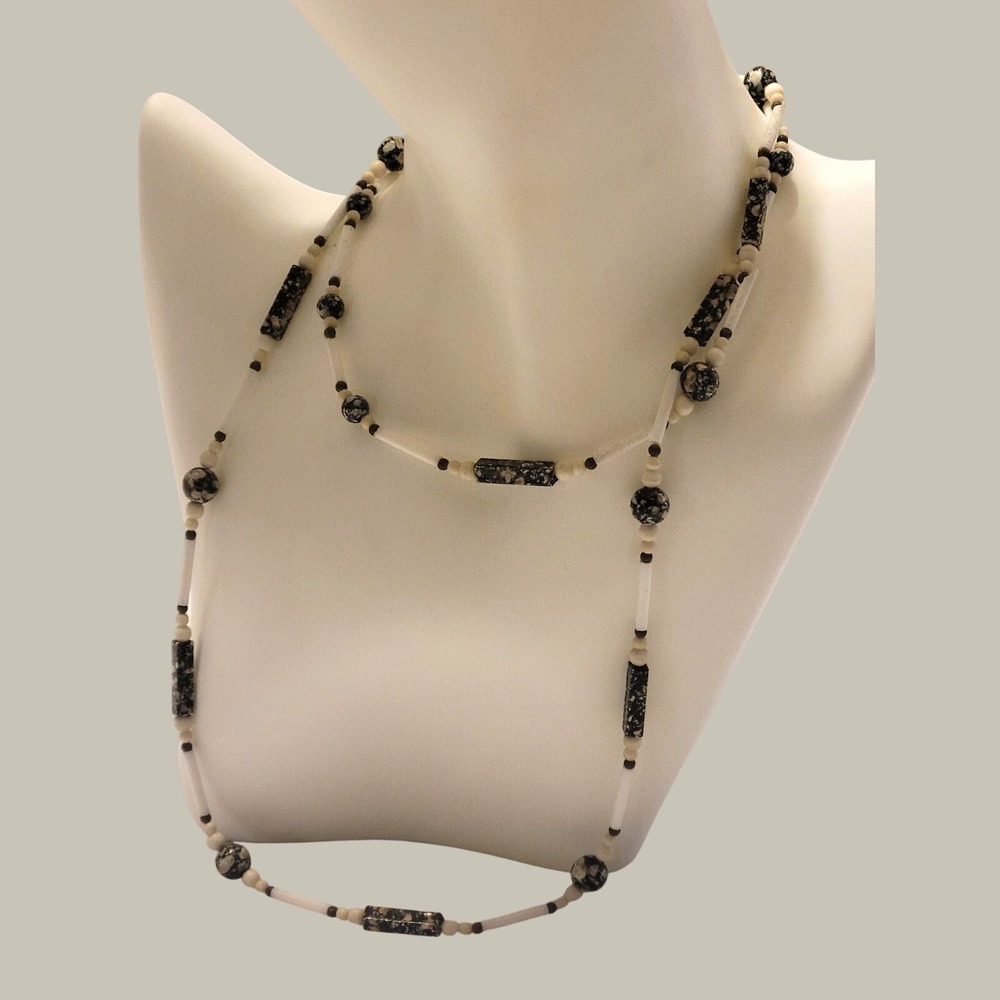 Long Beaded Necklace Vintage Minimalist Boho Black White Cream 1990s